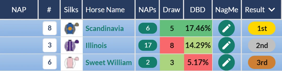 RatingTheRaces result grid: Scandinavia wins the 2025 Goodwood Cup from Illinois and Sweet William