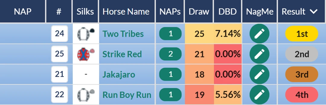 RatingTheRaces result grid: Two Tribes wins the 2025 Stewards' Cup from Strike Red, Jakajaro and Run Boy Run