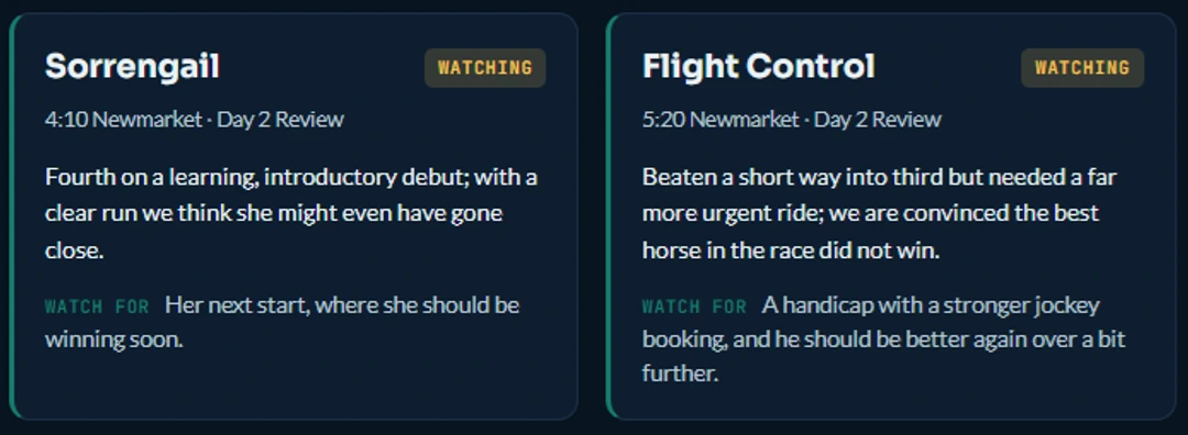 RatingTheRaces tracker cards for Sorrengail and Flight Control, showing the note made at the time and what to watch for next