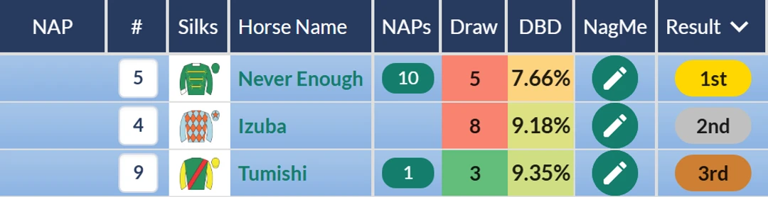 RatingTheRaces result grid: Never Enough beats Izuba and Tumishi at Ascot