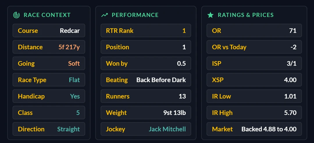 The RatingTheRaces Run Details hover showing Race Context, Performance and Ratings and Prices cards