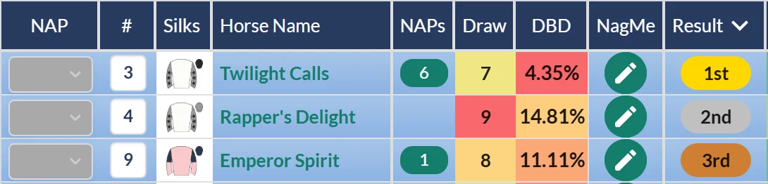Debenhams Handicap result on RatingTheRaces: Twilight Calls wins