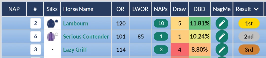 Result grid for the 2025 Irish Derby at the Curragh showing Lambourn winning from Serious Contender and Lazy Griff