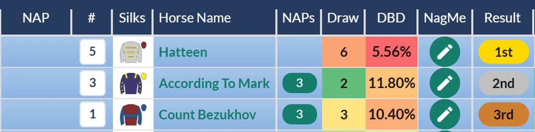 RatingTheRaces result grid: Hatteen wins at Doncaster from According To Mark and Count Bezukhov