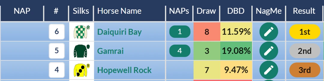 RatingTheRaces result grid: Daiquiri Bay beats Gamrai and Hopewell Rock at Newmarket