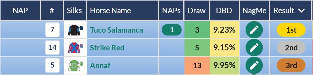 Newcastle 15:45 result on RatingTheRaces: Tuco Salamanca beats Strike Red and Annaf