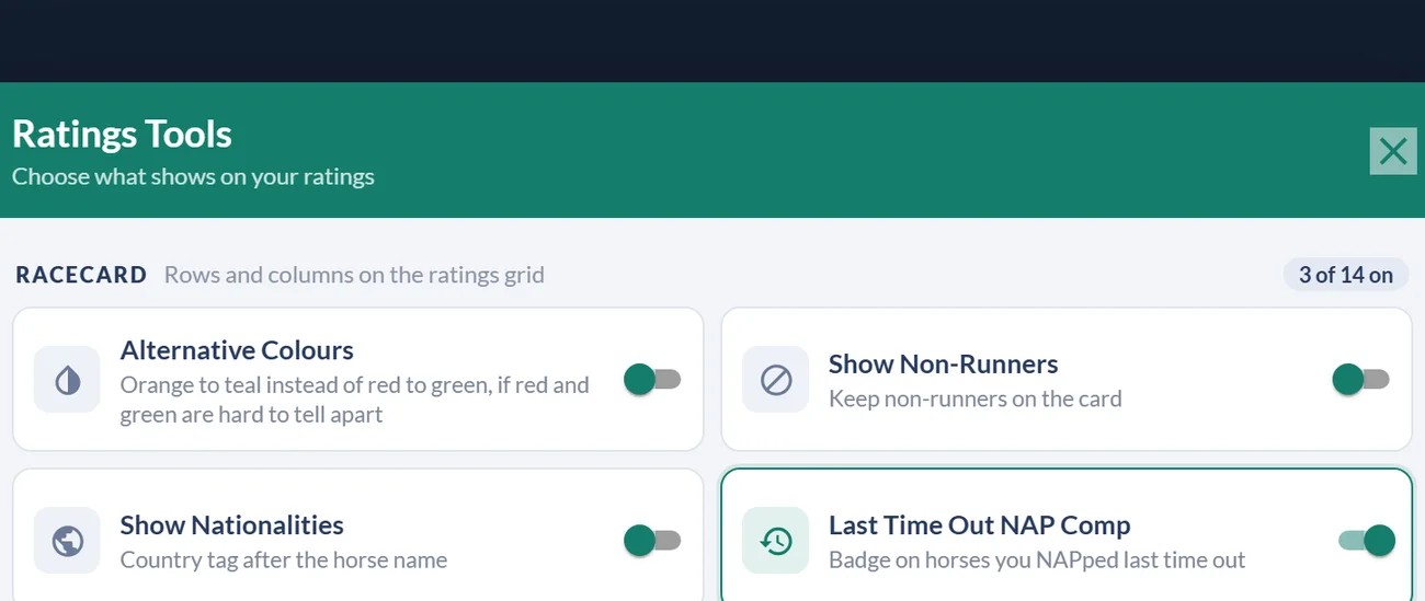 The Ratings Tools panel with Alternative Colours as the first switch in the Racecard section