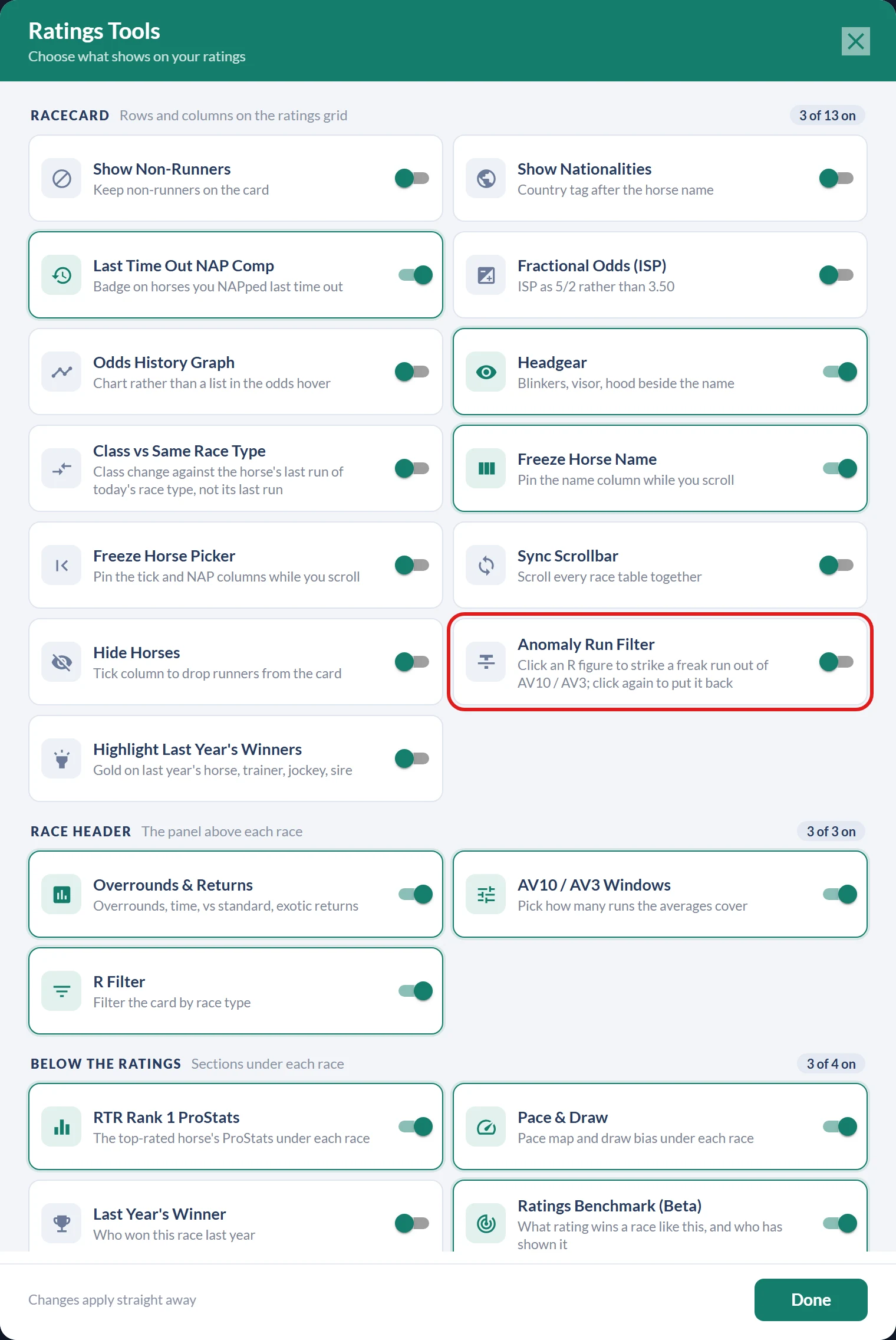 The Ratings Tools dialog with the Anomaly Run Filter toggle in the Racecard section