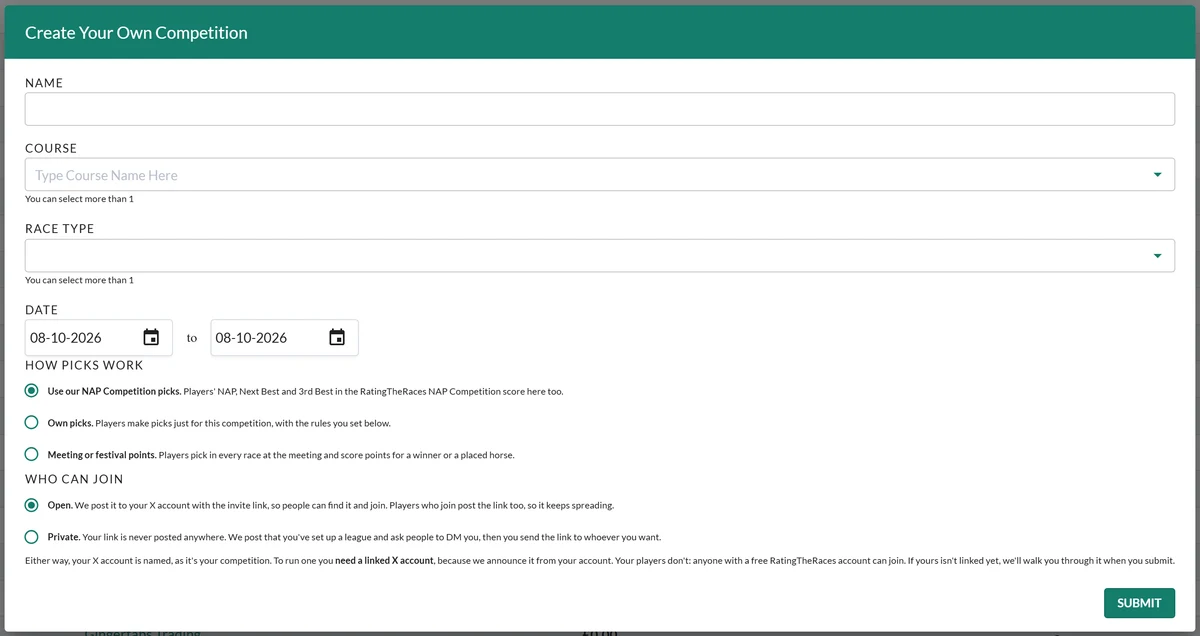 The Create Your Own Competition form: name, course, race type, dates, the three pick formats and the open or private choice