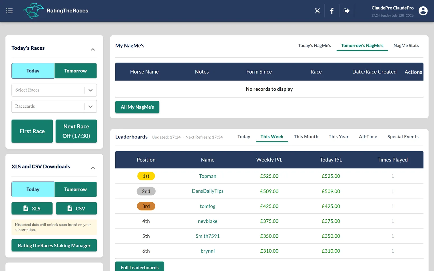 The member dashboard: sidebar shortcuts on the left, the My NagMe's widget and live NAP Competition leaderboard in the main column