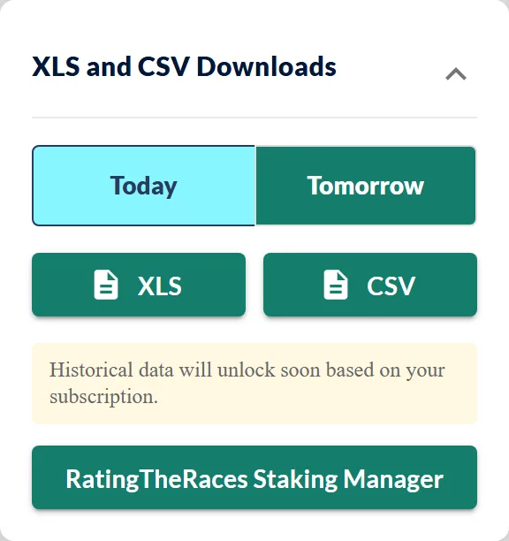 The XLS and CSV Downloads box on the dashboard sidebar, with the free Staking Manager below