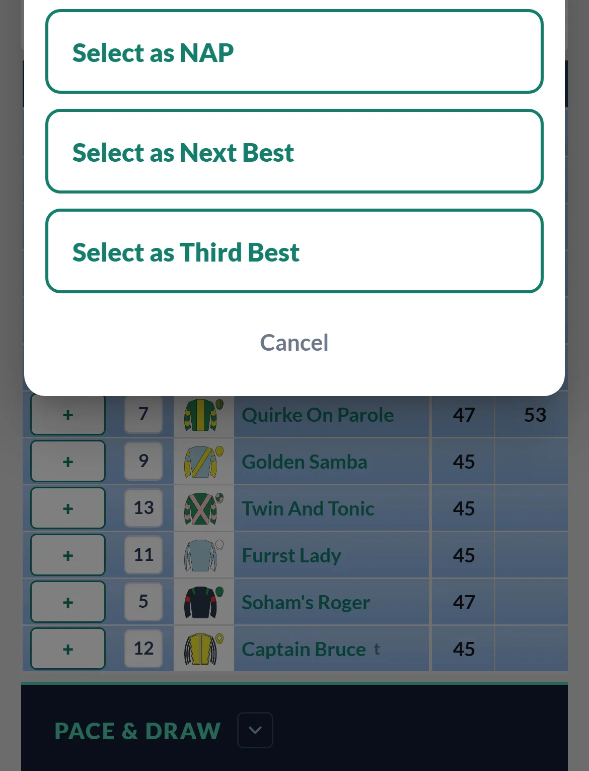 The NAP pick options opening in a large centred picker on a phone