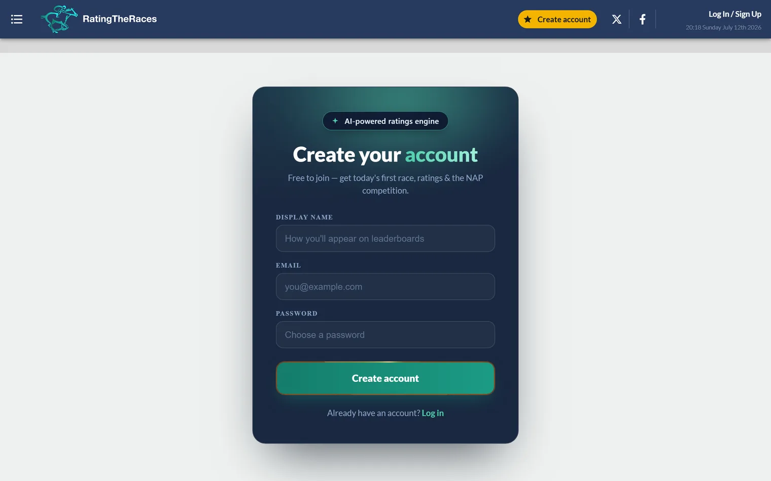 The registration page: pick a username, enter your email and set a password to create your free account