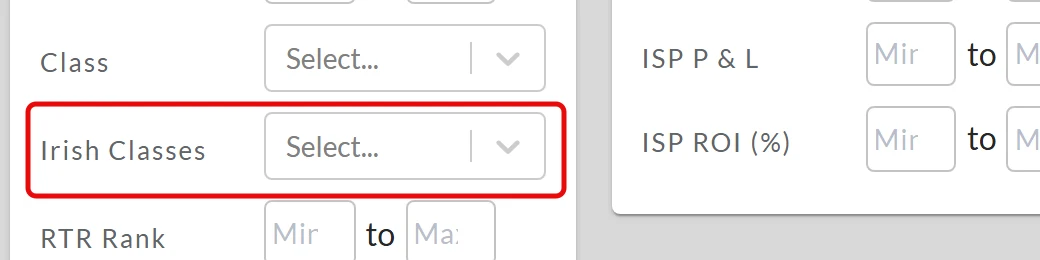 The Irish Classes filter directly beneath the Class filter in the ProStats filters panel