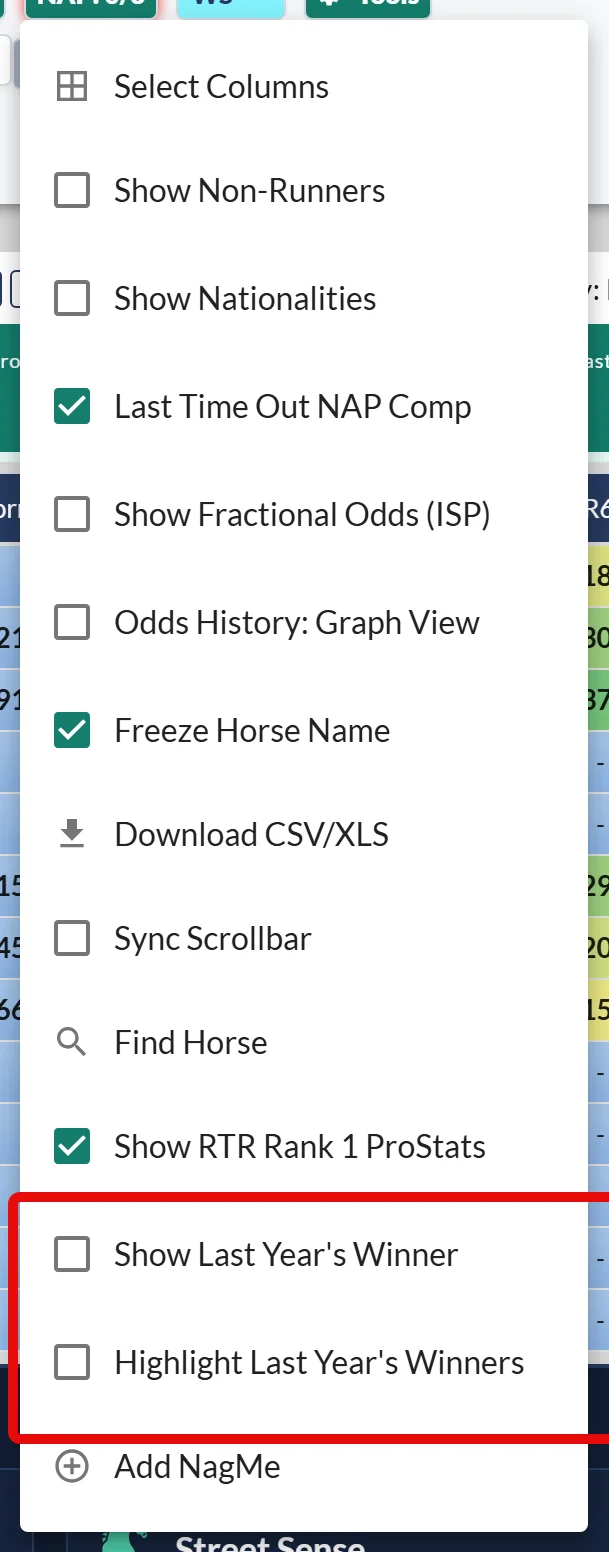 The Show and Highlight Last Year's Winner options at the bottom of the settings menu