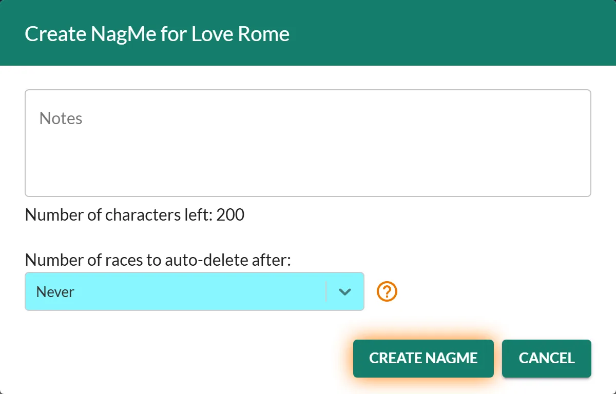 The Create NagMe dialog: add an optional note and choose when to auto-delete, then click Create Nagme