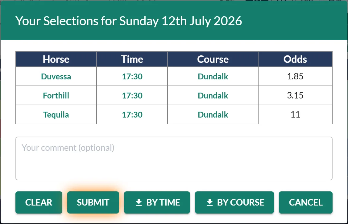 The selections slip: your picks with time, course and odds, a comment box, and the Submit and download buttons