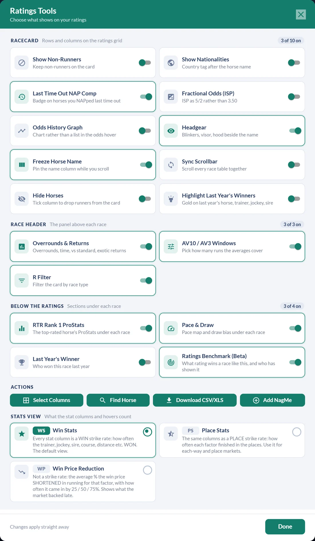 The Ratings Tools panel: racecard toggles, race-header panels, sections below each race, actions and stats view