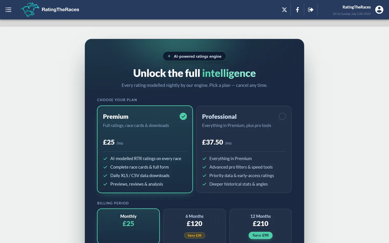 The upgrade page: choose Premium or Professional, pick a billing period, then pay by card or PayPal