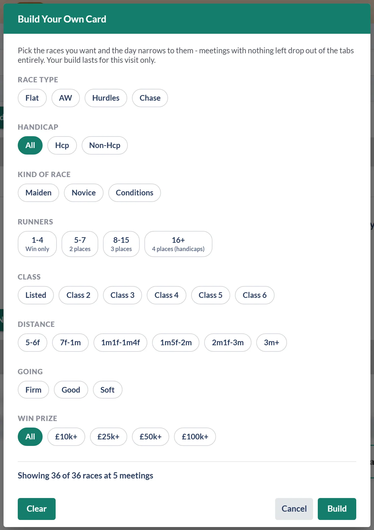 The Build Your Own Card dialog with race type, handicap, kind of race, runners, class, distance, going and win prize filters