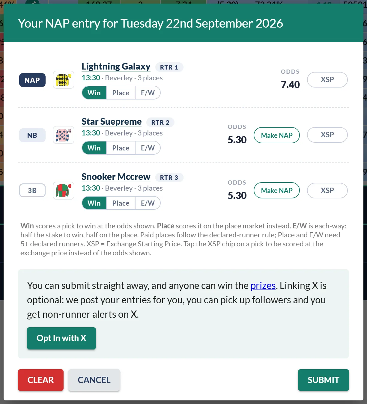 The NAP entry slip with RTR 1, RTR 2 and RTR 3 pills beside the three picked horses